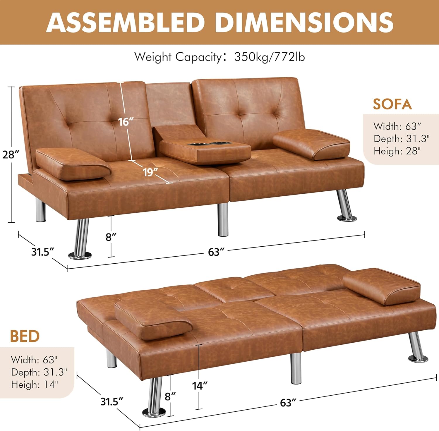 Yaheetech - Sofá Cama Convertible Ajustable, Moderno sillón reclinable de Piel sintético para el hogar, sofá Cama Plegable, Cama de Invitados, reposabrazos extraíbles, portavasos 3 ángulos, Capacidad
