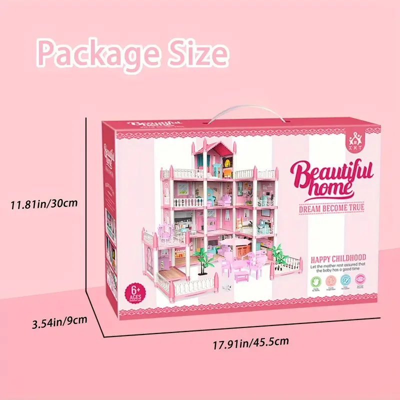 Conjunto de Casa de Muñecas Deluxe de 4 Niveles con 11 Habitaciones, Muebles y Luces - Juego de Fantasía de Princesa para Niños de 6+ | Rosa Brillante, Plástico Duradero | Idea de Regalo Perfecta
