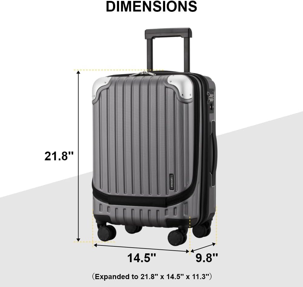LEVEL8 Grace Maletas de Viaje, 20" Equipaje Expandible, Maletas de Mano con Bolsillo Frontal, con Ruedas Spinner y Cerradura Tsa, Gris
