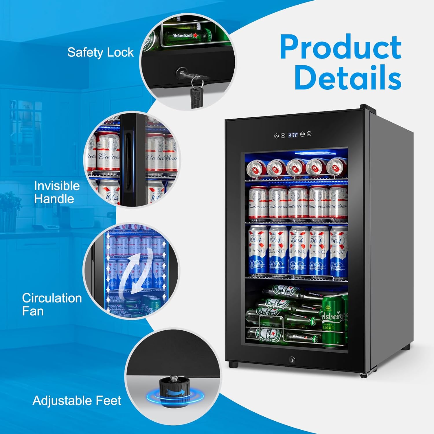 Beverage Refrigerator 17 inch Wide - 126 Can Beverage Cooler with Glass Door | Counter-Top/Freestanding Mini Beverage Beer Fridge | Temperature Memory | Invisible Door | Perfect for Soda, Beer