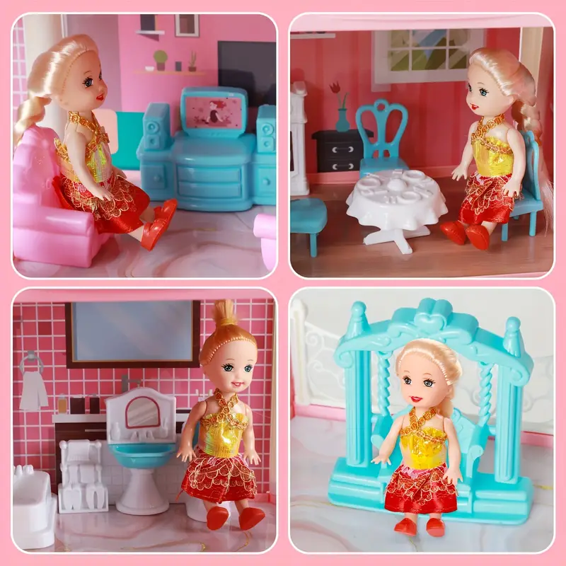 Conjunto de Casa de Muñecas Deluxe de 4 Niveles con 11 Habitaciones, Muebles y Luces - Juego de Fantasía de Princesa para Niños de 6+ | Rosa Brillante, Plástico Duradero | Idea de Regalo Perfecta