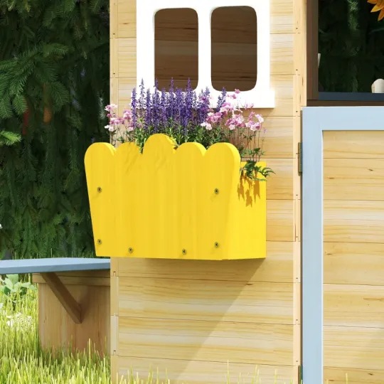 Outsunny Casa de Juegos de Madera para Niños Jardín Exterior con Puerta de Trabajo, Ventanas, Banco, Estación de Servicio, Macetero, Azul