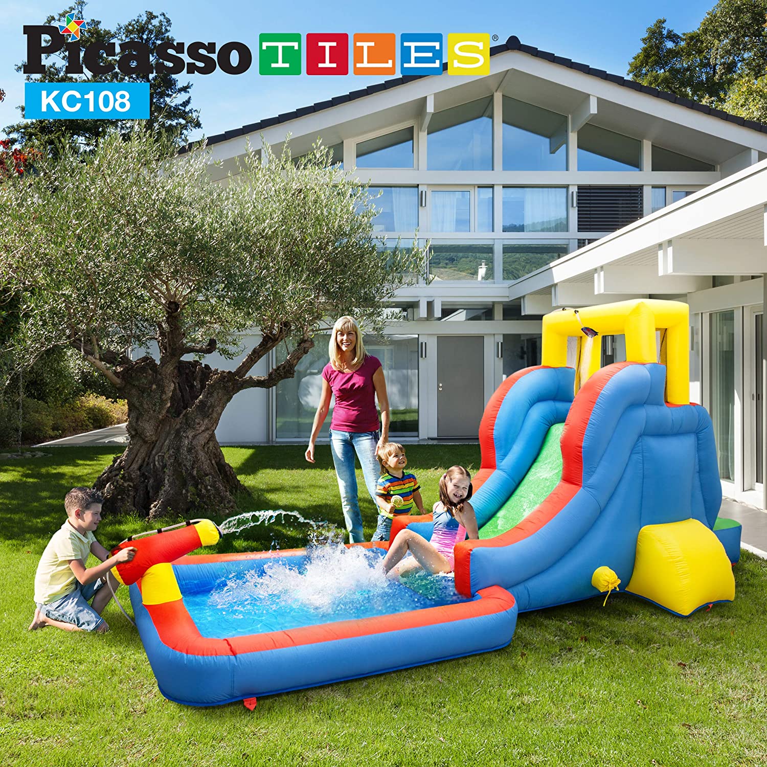 PicassoTiles KC108 - Casa inflable con area de piscina (zona de salpicadura), pared de escalada, soportes de rociadores de cabezal de ducha, montaje de canon de agua y soplador de 385 W certificado GFCI ETL-taza de agua