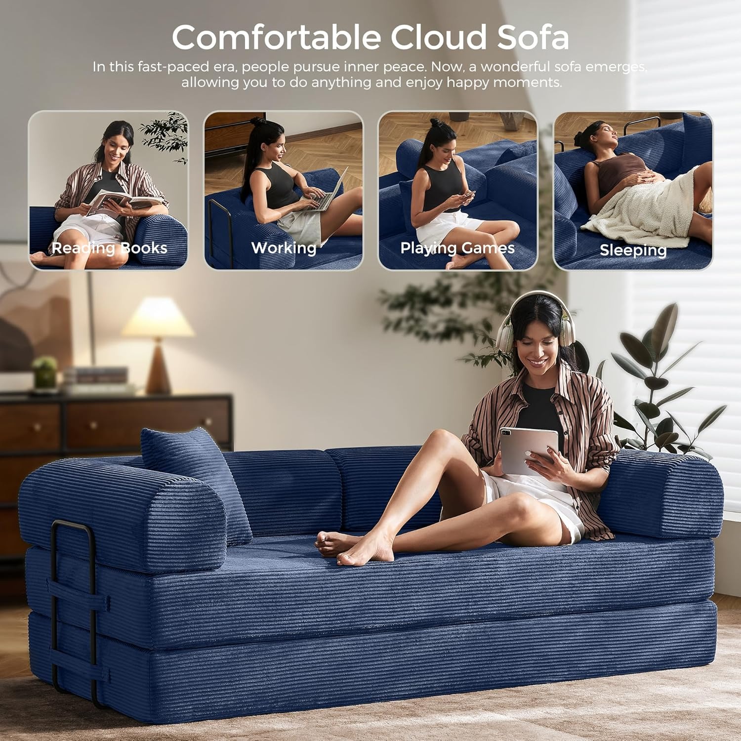 Sofá cama convertible de 79 pulgadas con marco de forma fija y reposabrazos extraíbles, sofá modular de pana, sofá plegable para espacios pequeños, no necesita montaje en verde (incluye 2 almohadas)