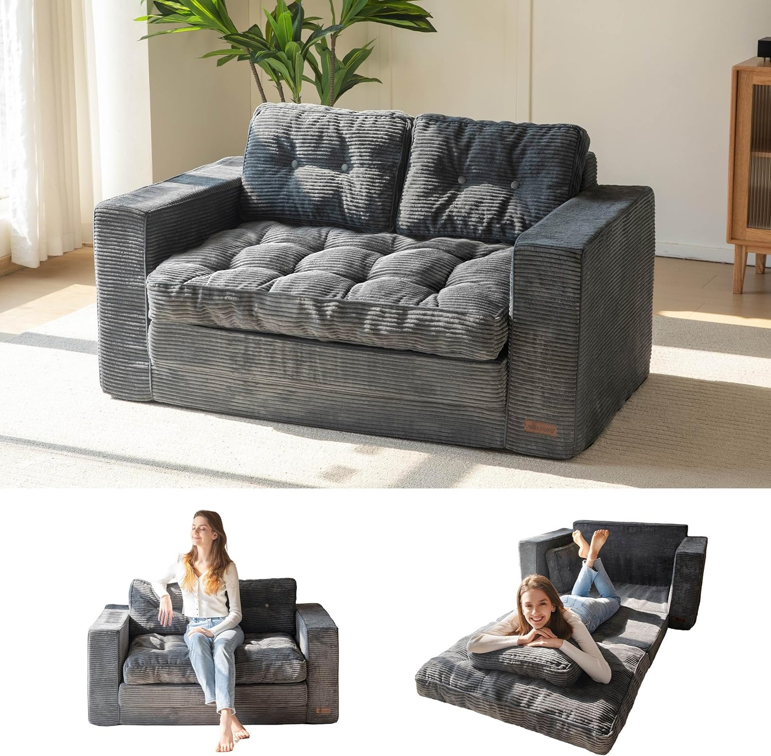MAXYOYO Sofá cama convertible de dos plazas, sofá plegable 2 en 1 con almohadas para sala, recámara y sala de estar, negro