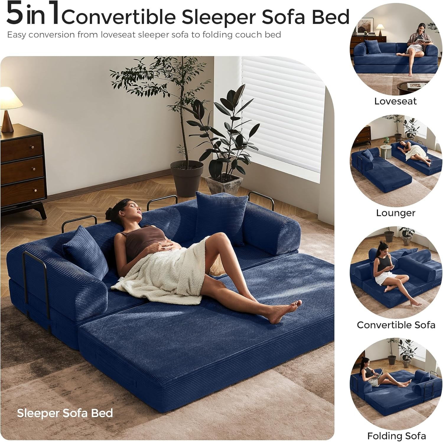 Sofá cama convertible de 79 pulgadas con marco de forma fija y reposabrazos extraíbles, sofá modular de pana, sofá plegable para espacios pequeños, no necesita montaje en verde (incluye 2 almohadas)