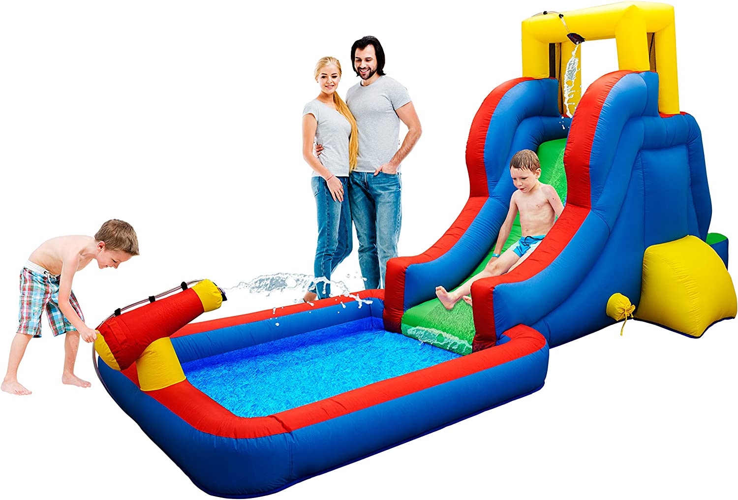 PicassoTiles KC108 - Casa inflable con area de piscina (zona de salpicadura), pared de escalada, soportes de rociadores de cabezal de ducha, montaje de canon de agua y soplador de 385 W certificado GFCI ETL-taza de agua