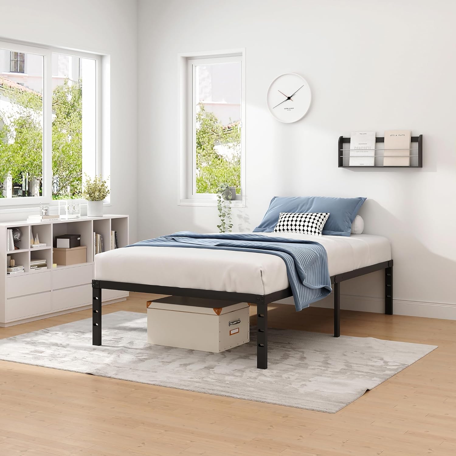 New Jeto Marco de cama de metal con espacio de almacenamiento debajo de la cama, plataforma sencilla y atmosférica, resistente y duradero, de 46 cm, tamaño individual