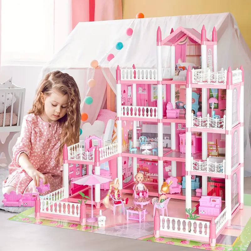 Conjunto de Casa de Muñecas Deluxe de 4 Niveles con 11 Habitaciones, Muebles y Luces - Juego de Fantasía de Princesa para Niños de 6+ | Rosa Brillante, Plástico Duradero | Idea de Regalo Perfecta