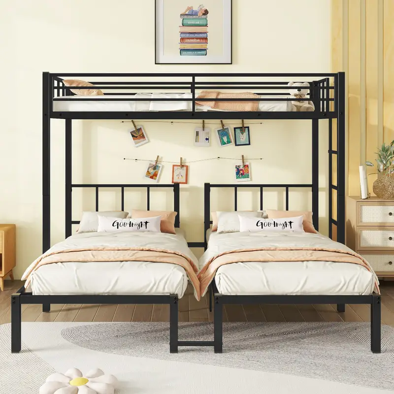 Cama nido doble sobre doble y litera doble para 3, litera doble XL sobre doble y litera doble de metal, negro