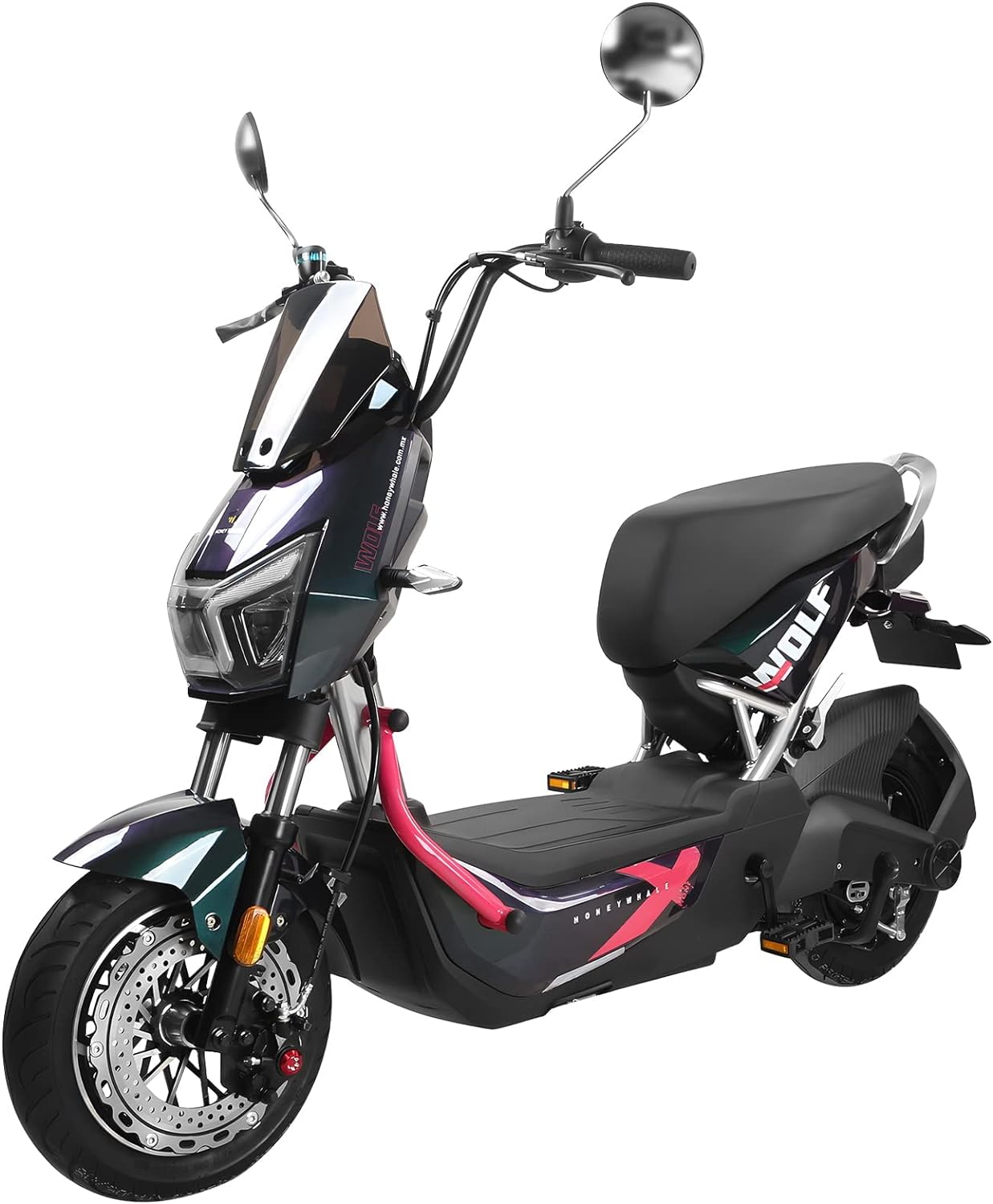 Wolf Bicicleta Electrica para Adultos, Bicimoto Eléctrica con Alarma, Máxima del Motor 1200W, Velocidad Máxima 55KM/H, Autonomía 50-55KM, Batería (72V, 20AH), Emite 7 Colores de luz