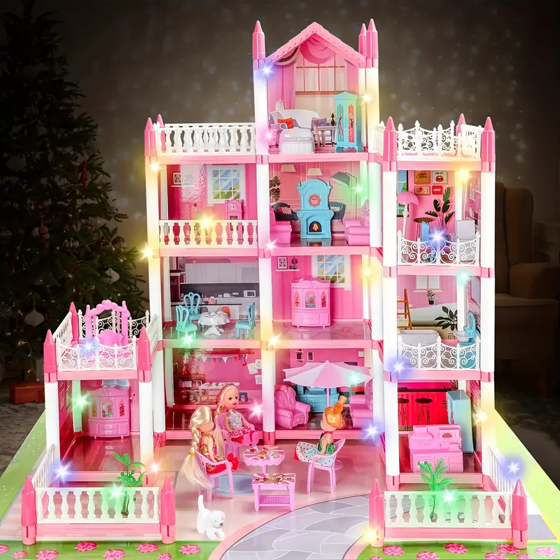 Conjunto de Casa de Muñecas Deluxe de 4 Niveles con 11 Habitaciones, Muebles y Luces - Juego de Fantasía de Princesa para Niños de 6+ | Rosa Brillante, Plástico Duradero | Idea de Regalo Perfecta