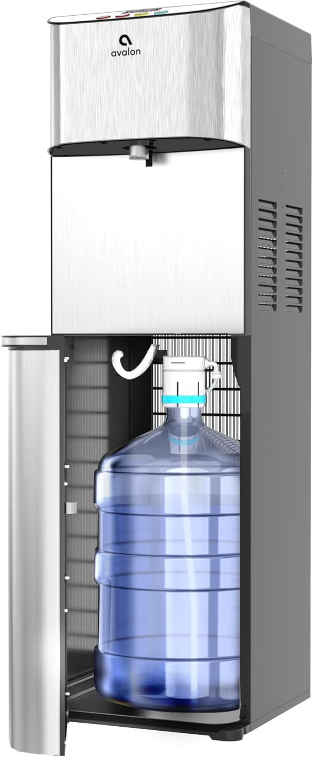 Avalon Dispensador de agua enfriador de agua con carga inferior con BioGuard, 3 ajustes de temperatura, agua caliente, fría y de habitación, construcción duradera de acero inoxidable, revestimiento antimicrobiano, certificado UL