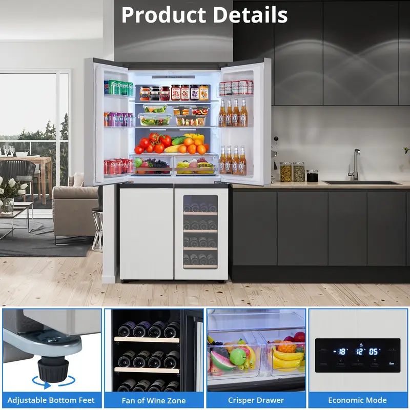 Refrigerador de puerta francesa de 21 pies cúbicos , refrigerador y congelador de gran capacidad, refrigerador de 36 pulgadas con máquina de hielo, congelador inferior, luz LED interior, gabinete para vinos