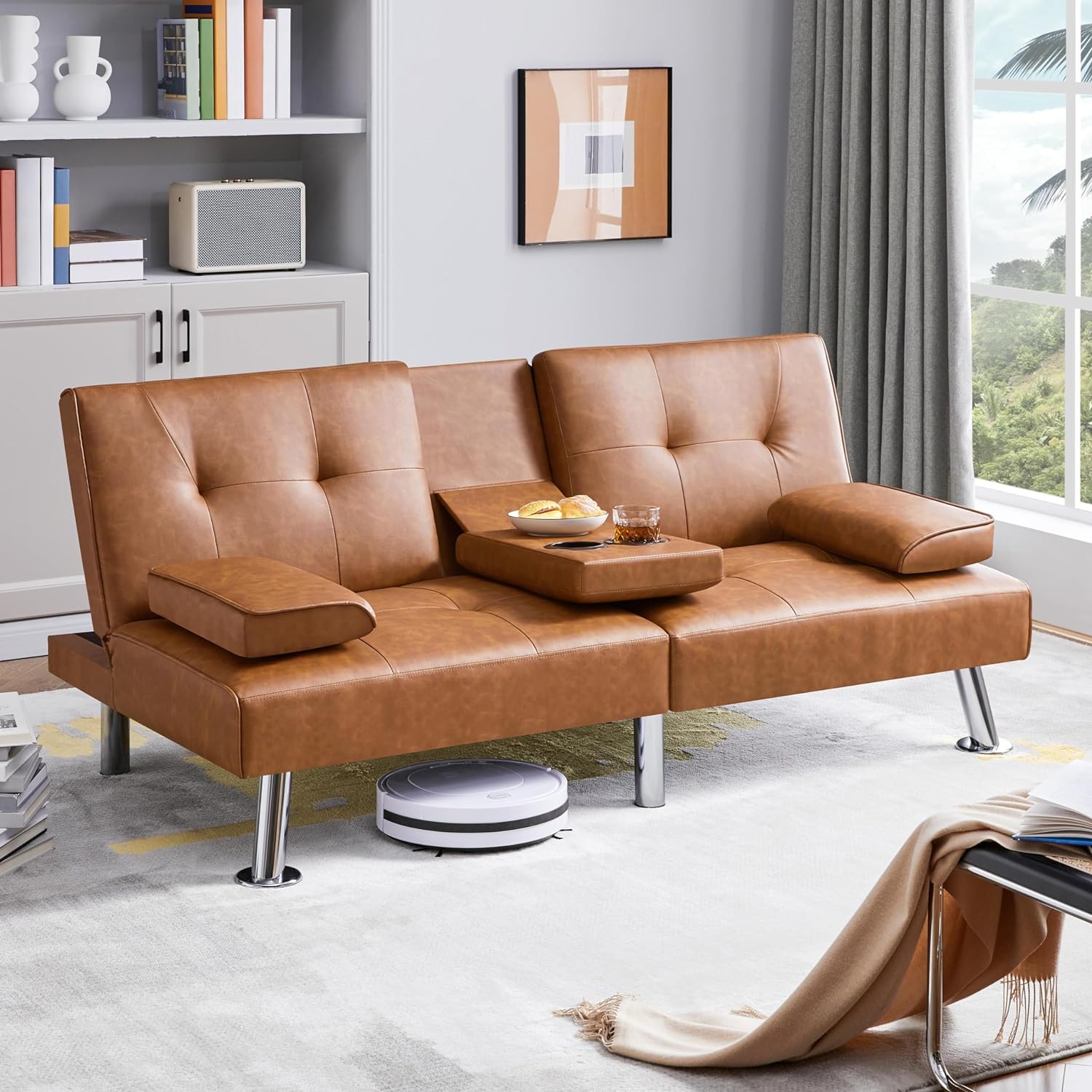 Yaheetech - Sofá Cama Convertible Ajustable, Moderno sillón reclinable de Piel sintético para el hogar, sofá Cama Plegable, Cama de Invitados, reposabrazos extraíbles, portavasos 3 ángulos, Capacidad