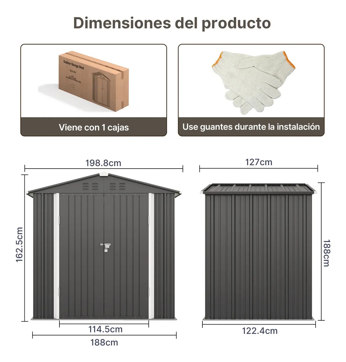 Quorive Cobertizo De Almacenamiento Exterior De Metal Galvanizado Con Puertas Dobles Con Cerradura, Espacio De Almacenamiento Exterior Para Patio Trasero Y Césped, Gris Oscuro