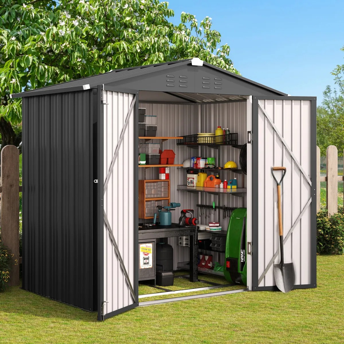 Quorive Cobertizo De Almacenamiento Exterior De Metal Galvanizado Con Puertas Dobles Con Cerradura, Espacio De Almacenamiento Exterior Para Patio Trasero Y Césped, Gris Oscuro