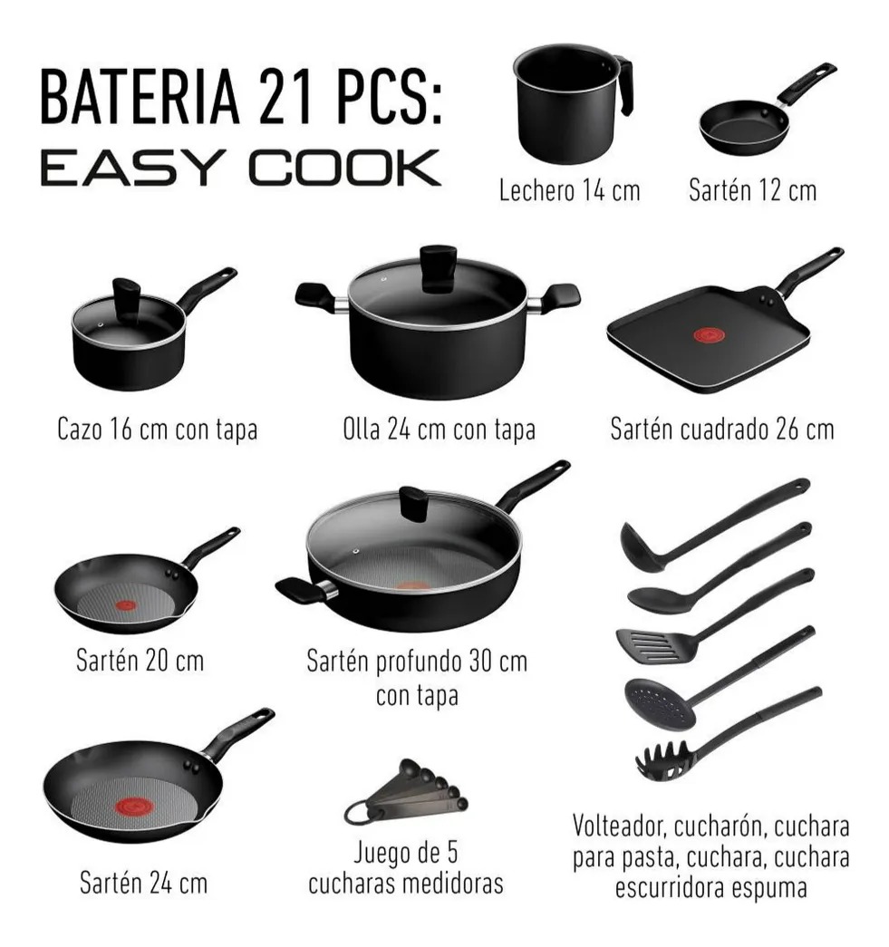 Batería De Cocina T-fal Easy Cook 21 Pzas Negro