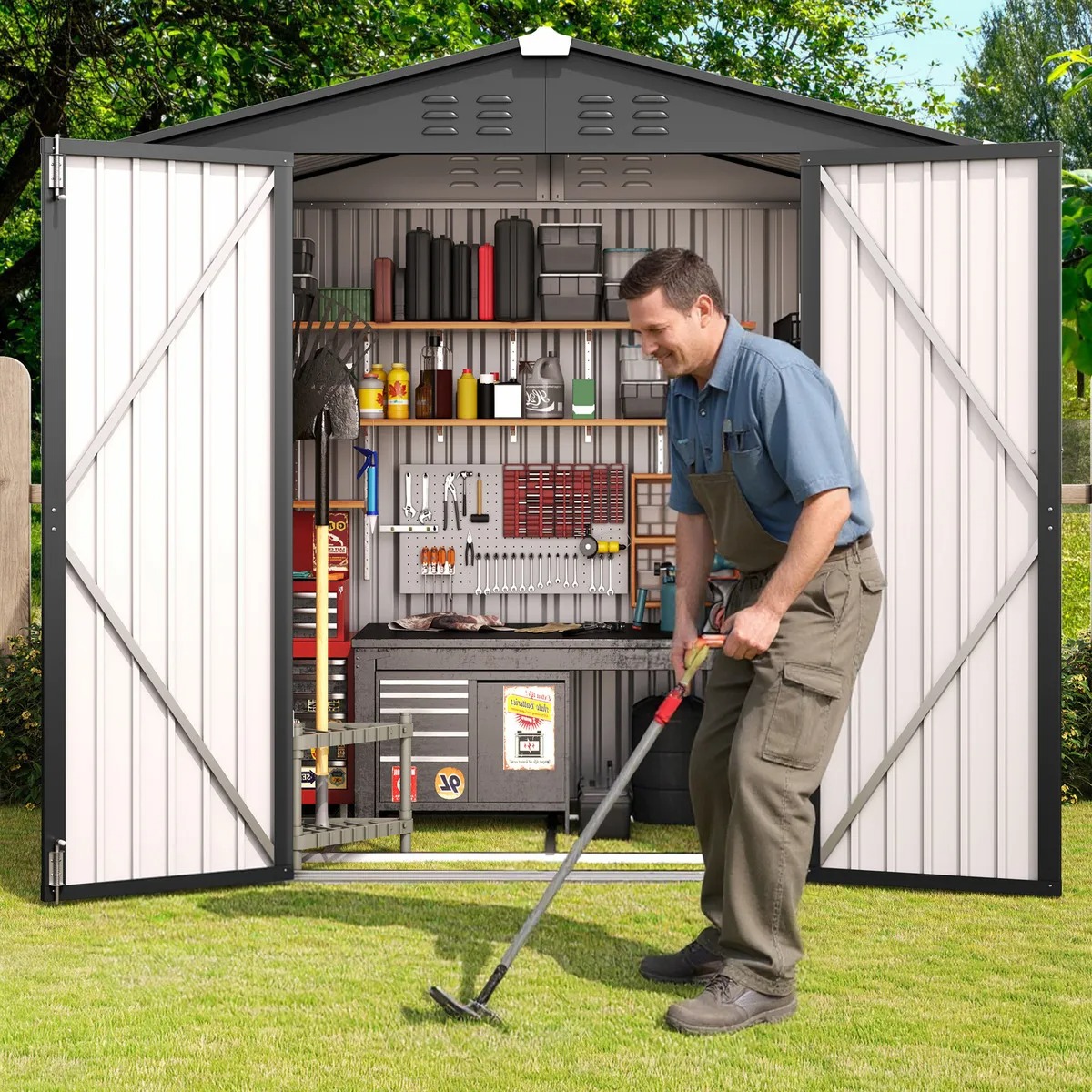 Quorive Cobertizo De Almacenamiento Exterior De Metal Galvanizado Con Puertas Dobles Con Cerradura, Espacio De Almacenamiento Exterior Para Patio Trasero Y Césped, Gris Oscuro