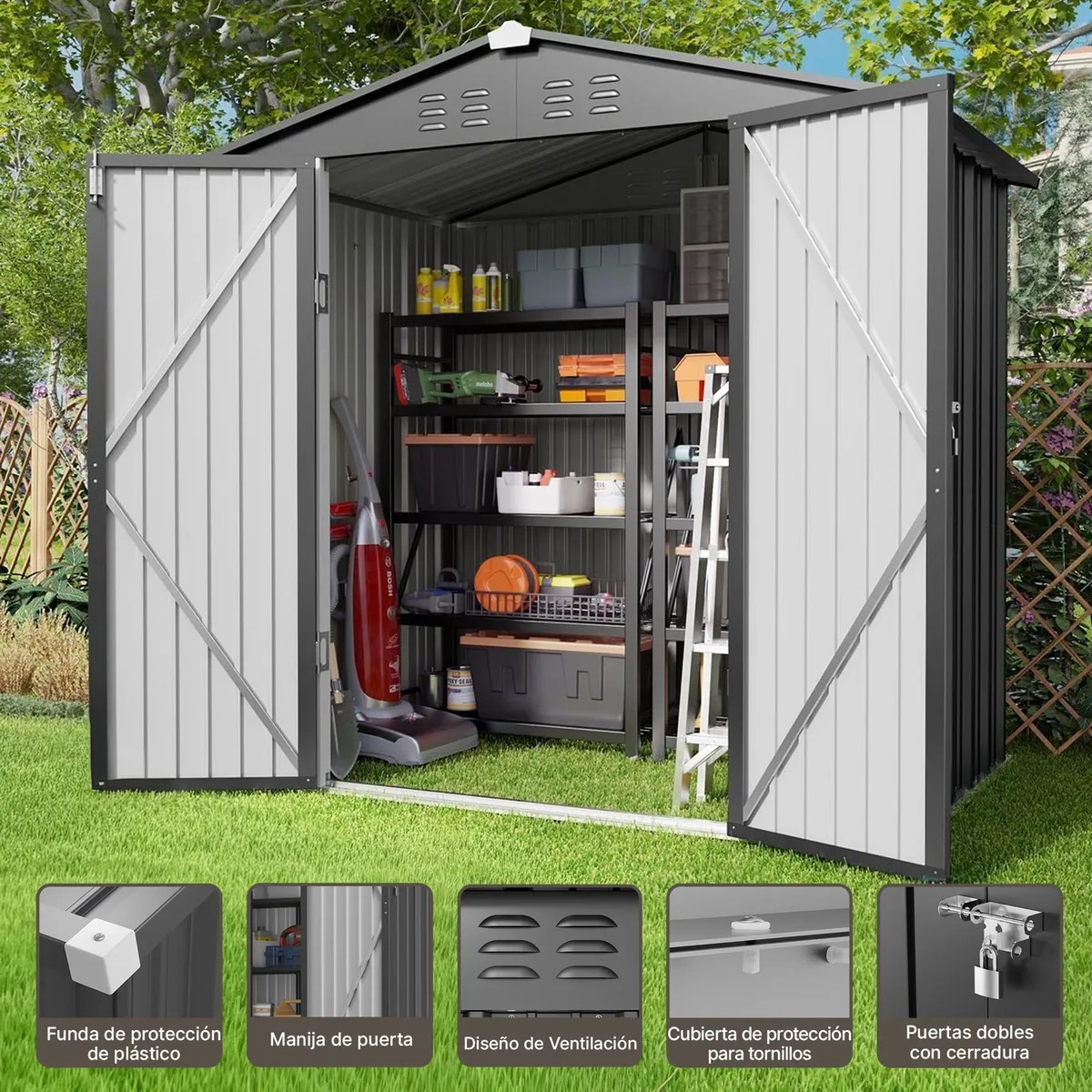 Quorive Cobertizo De Almacenamiento Exterior De Metal Galvanizado Con Puertas Dobles Con Cerradura, Espacio De Almacenamiento Exterior Para Patio Trasero Y Césped, Gris Oscuro