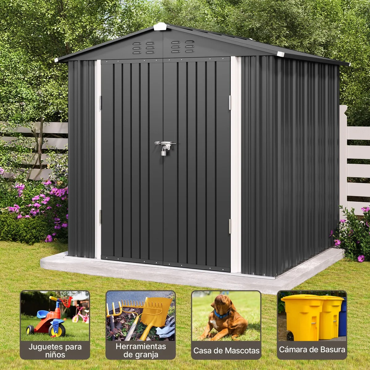 Quorive Cobertizo De Almacenamiento Exterior De Metal Galvanizado Con Puertas Dobles Con Cerradura, Espacio De Almacenamiento Exterior Para Patio Trasero Y Césped, Gris Oscuro