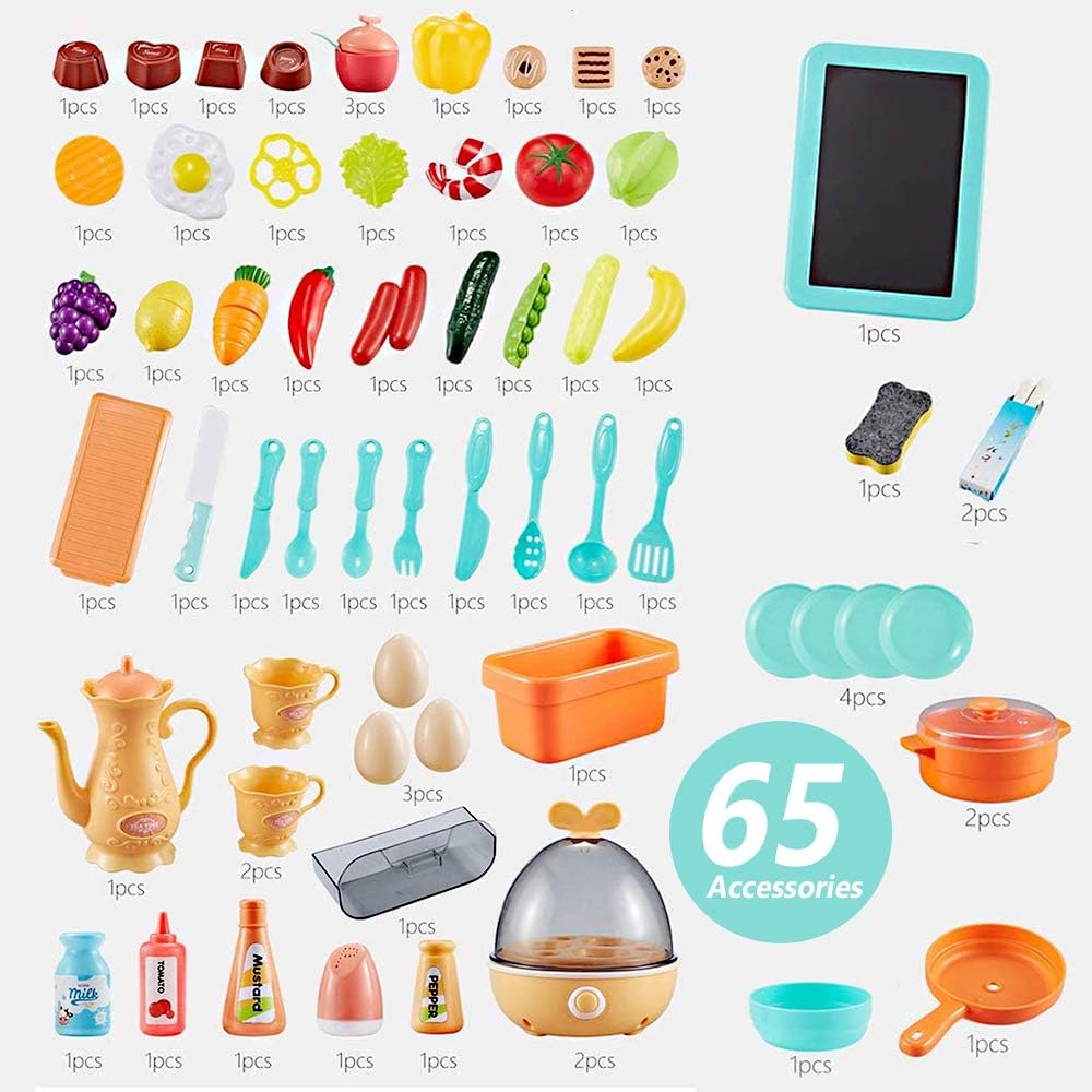 E T EASYTAO Cocina de Juguete para Niños de 65 Piezas con Humo, Luz, Sonido y Grifo para Salir Agua, Juguete Infantil Divertido, Juego de Roles, Regalo para Día del Niño （Altura: 93cm)