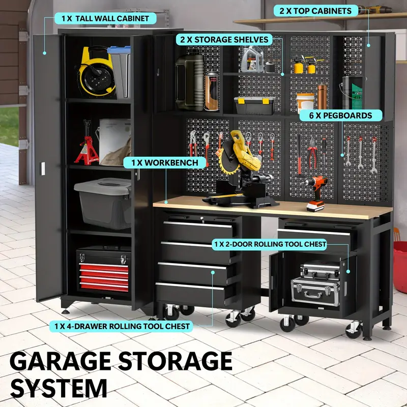 Taller de 6 piezas en negro, gabinete de almacenamiento para garaje, incluye cajones de acero, cofre rodante y tablero de clavijas, gabinete de almacenamiento con cerradura, perfecto para organizar el garaje y las herramientas.