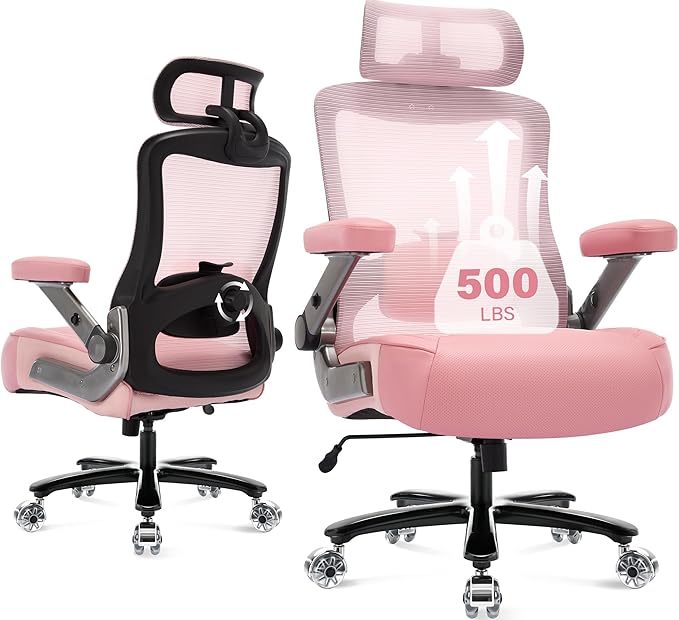 500lbs Big and Tall Office Chair- Heavy Duty Executive Computer Chair with 3D Flip Arms Large Wheels, Ergonomic Mesh High Back Desk Chair, Extra Wide Seat Adjustable Lumbar Support&Headrest
