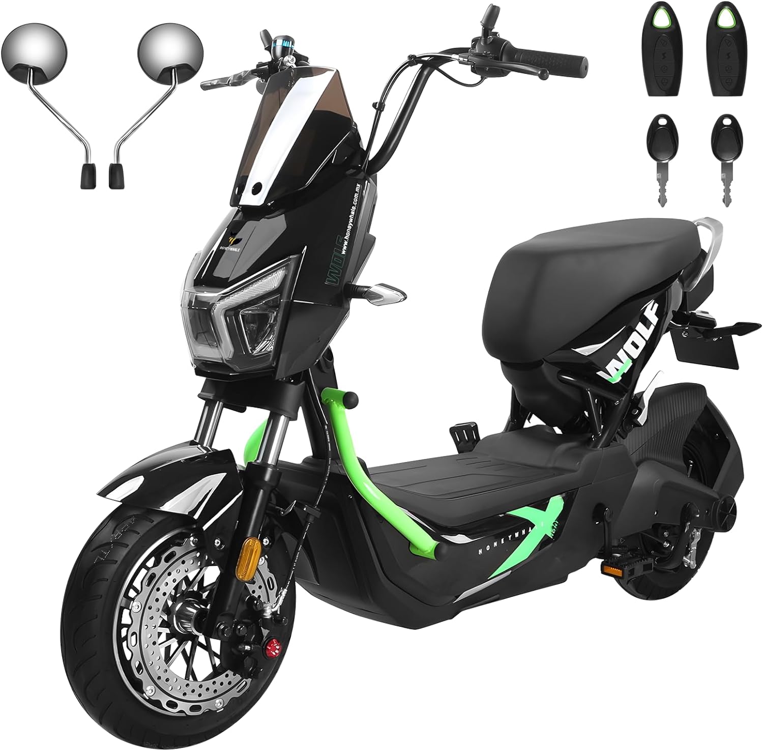 Wolf Bicicleta Electrica para Adultos, Bicimoto Eléctrica con Alarma, Máxima del Motor 1200W, Velocidad Máxima 55KM/H, Autonomía 50-55KM, Batería (72V, 20AH), Emite 7 Colores de luz