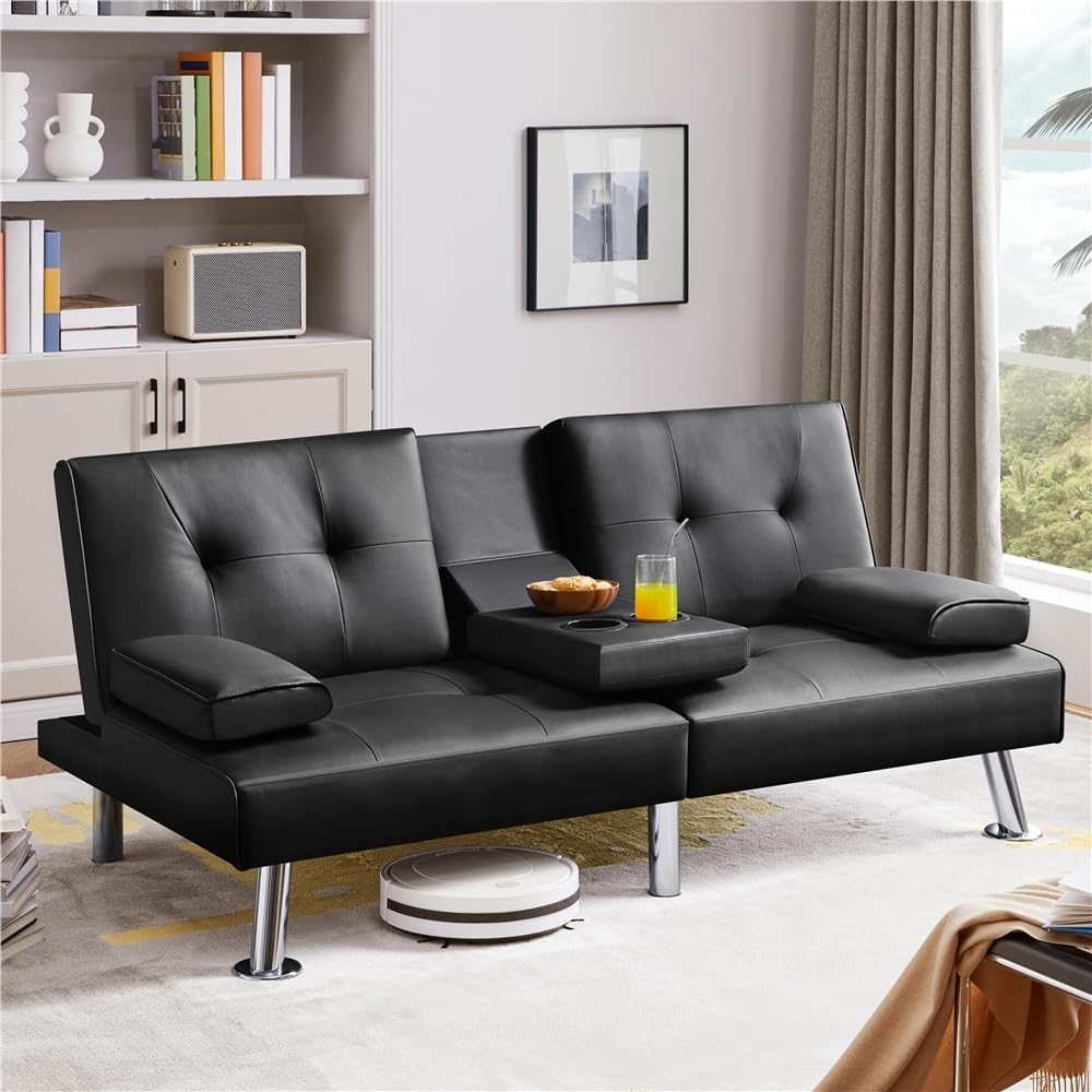 Yaheetech - Sofá Cama Convertible Ajustable, Moderno sillón reclinable de Piel sintético para el hogar, sofá Cama Plegable, Cama de Invitados, reposabrazos extraíbles, portavasos 3 ángulos, Capacidad
