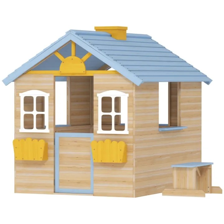 Outsunny Casa de Juegos de Madera para Niños Jardín Exterior con Puerta de Trabajo, Ventanas, Banco, Estación de Servicio, Macetero, Azul