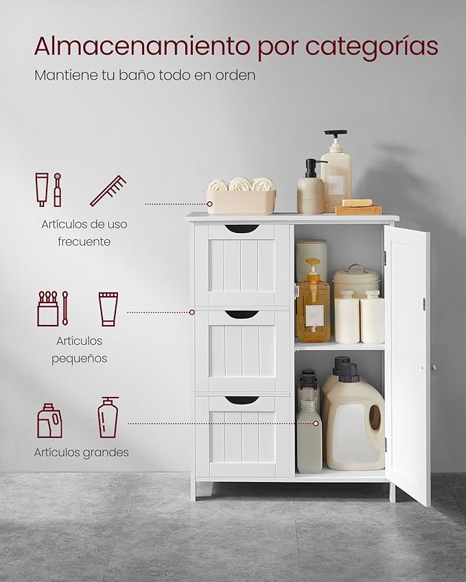 Armario de Baño, Cómoda de Baño, Mueble de Baño Estrecho, con 3 Cajones, 1 Estante Ajustable, Armario con Puerta, 30 x 60 x 80 cm, Blanco
