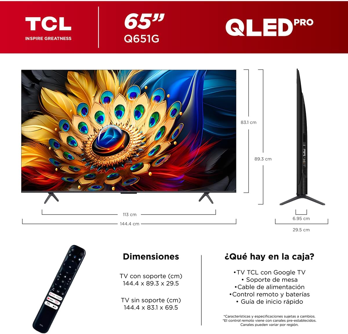 TCL Smart TV Pantalla 55" 55Q650G Google TV QLED Compatible con Alexa