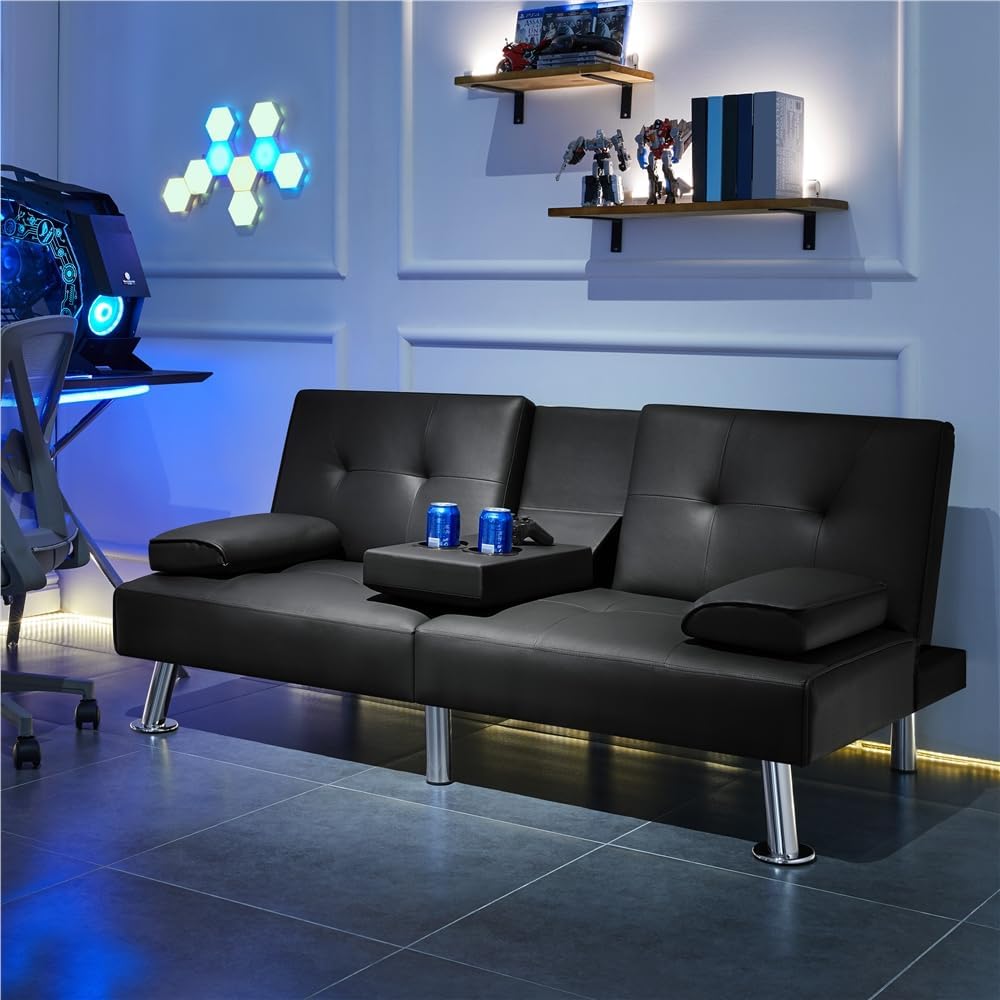 Yaheetech - Sofá Cama Convertible Ajustable, Moderno sillón reclinable de Piel sintético para el hogar, sofá Cama Plegable, Cama de Invitados, reposabrazos extraíbles, portavasos 3 ángulos, Capacidad