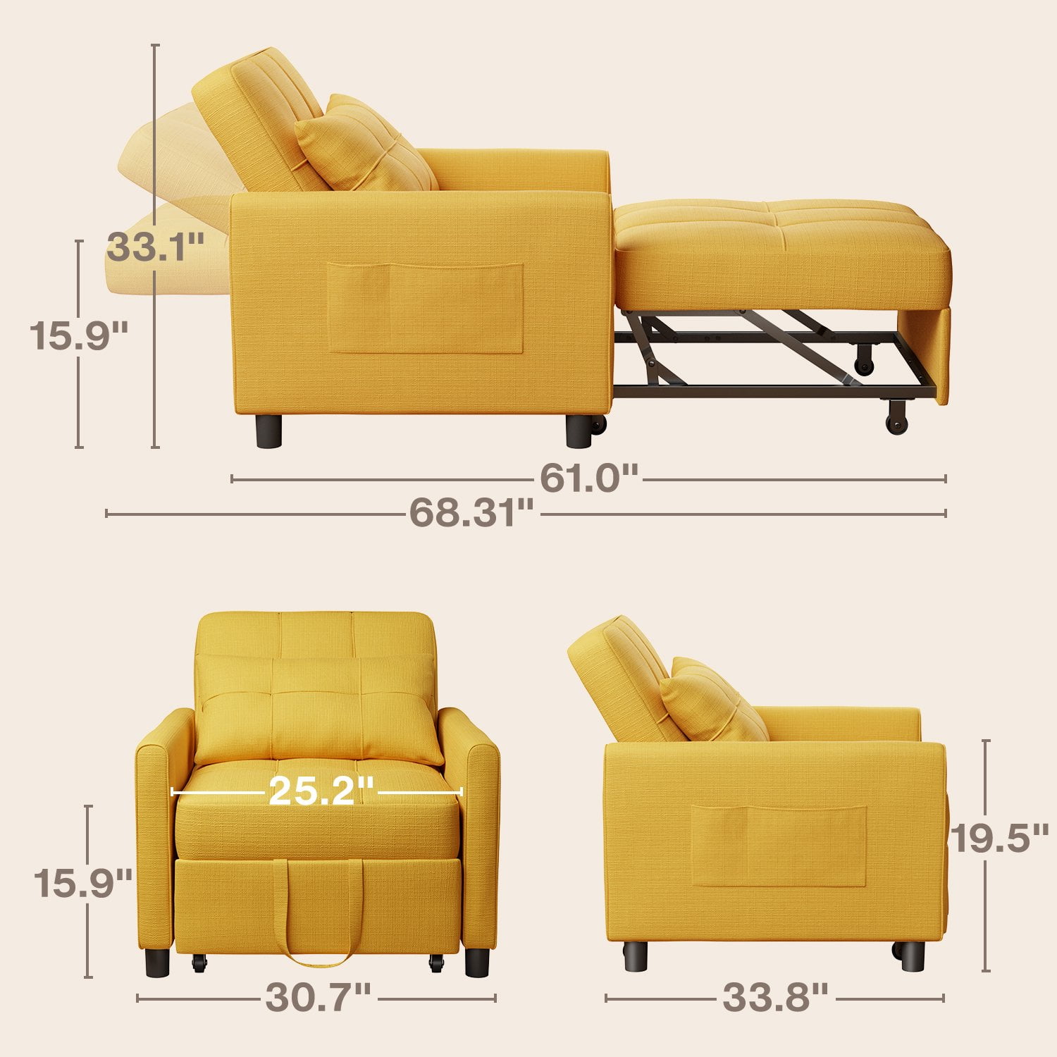 Sofá Cama Silla 3 en 1, Silla Convertible Cama Individual-taza