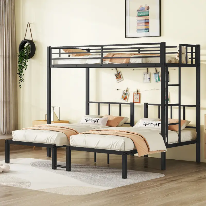 Cama nido doble sobre doble y litera doble para 3, litera doble XL sobre doble y litera doble de metal, negro