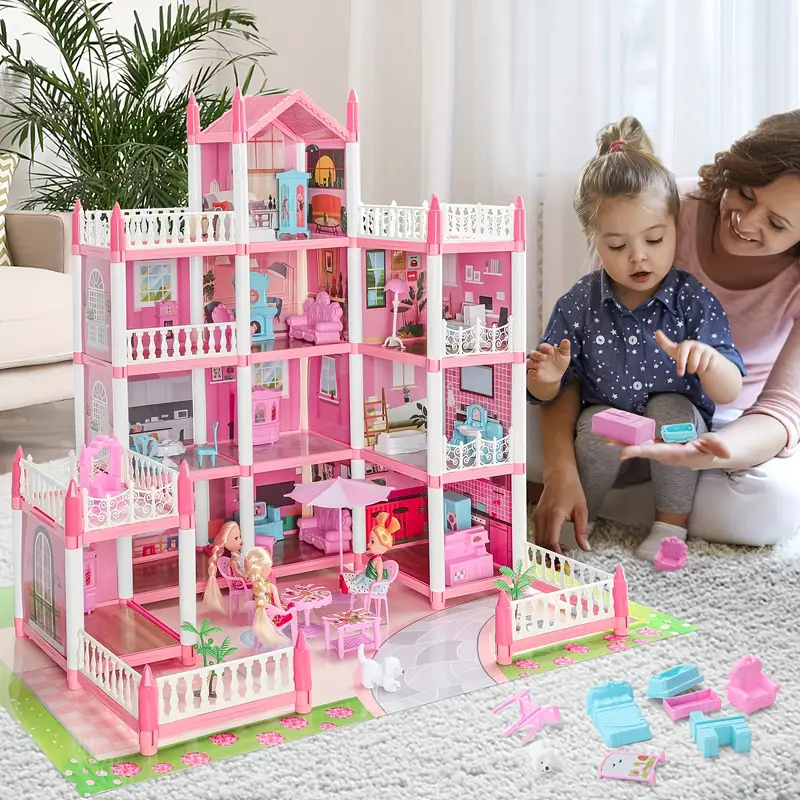 Conjunto de Casa de Muñecas Deluxe de 4 Niveles con 11 Habitaciones, Muebles y Luces - Juego de Fantasía de Princesa para Niños de 6+ | Rosa Brillante, Plástico Duradero | Idea de Regalo Perfecta