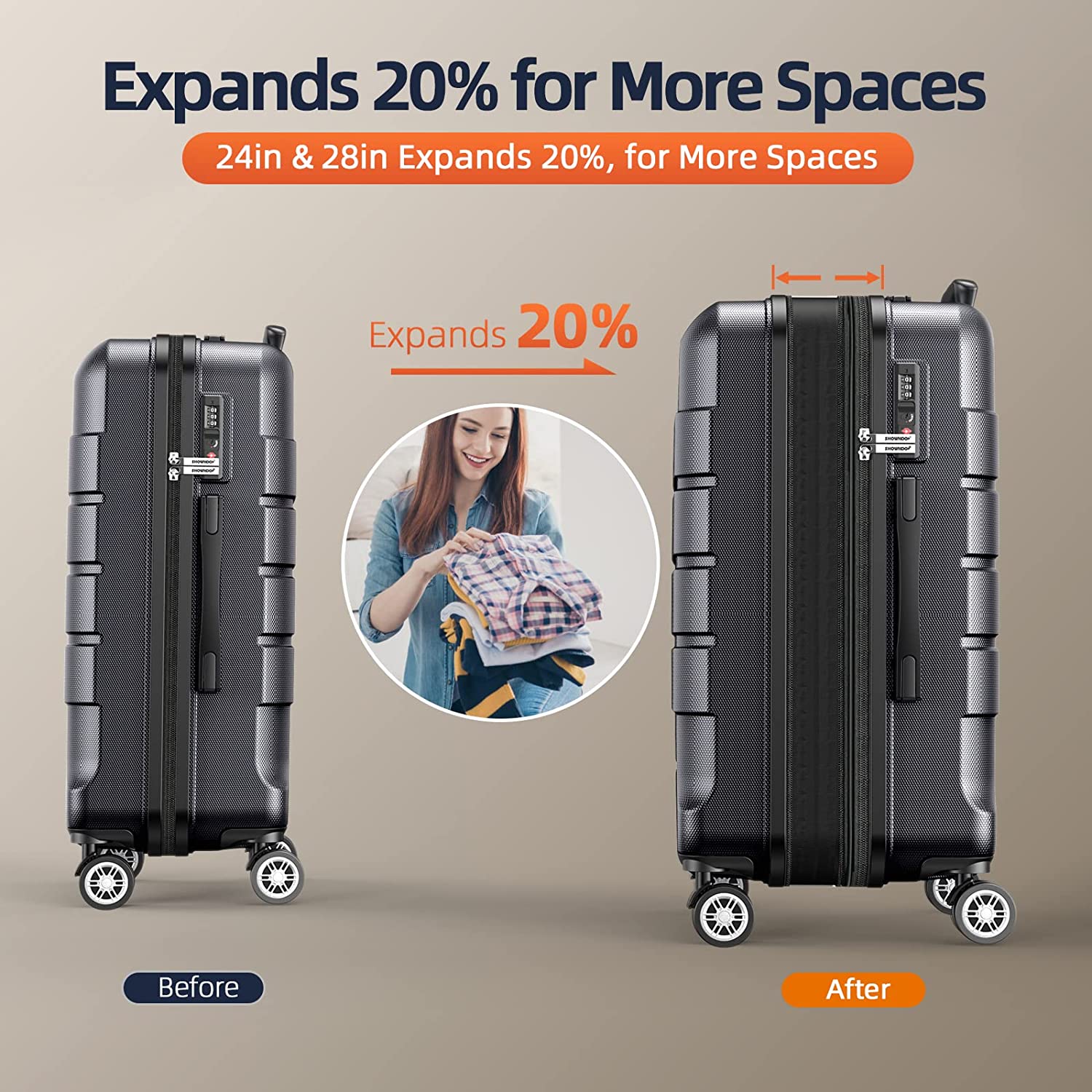 SHOWKOO Juegos de Equipaje Ampliable PC+ABS Maleta Duradera Ruedas Dobles TSA Lock 3 Piezas