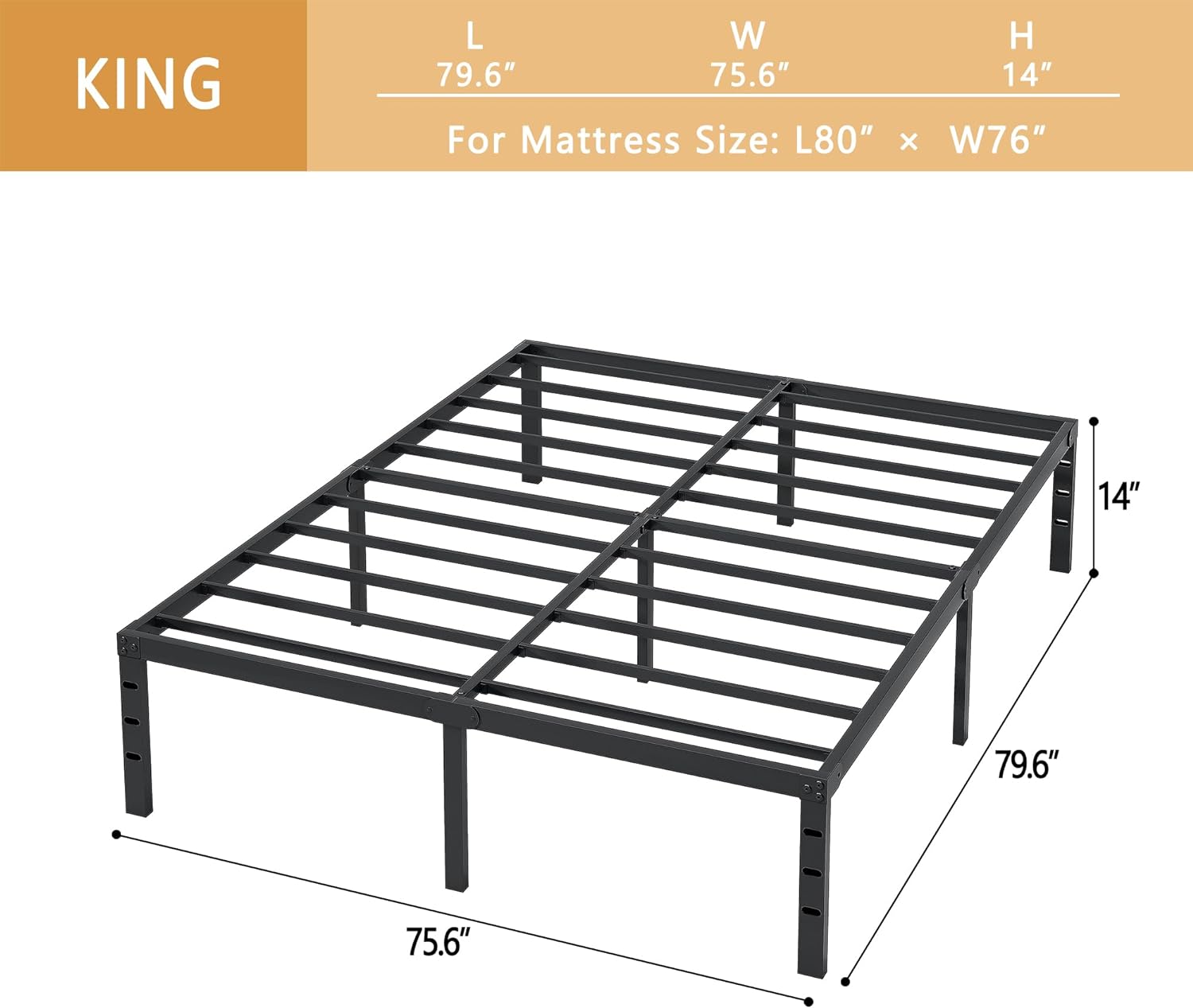 New Jeto Marco de cama de metal con espacio de almacenamiento debajo de la cama, plataforma sencilla y atmosférica, resistente y duradero, de 46 cm, tamaño individual