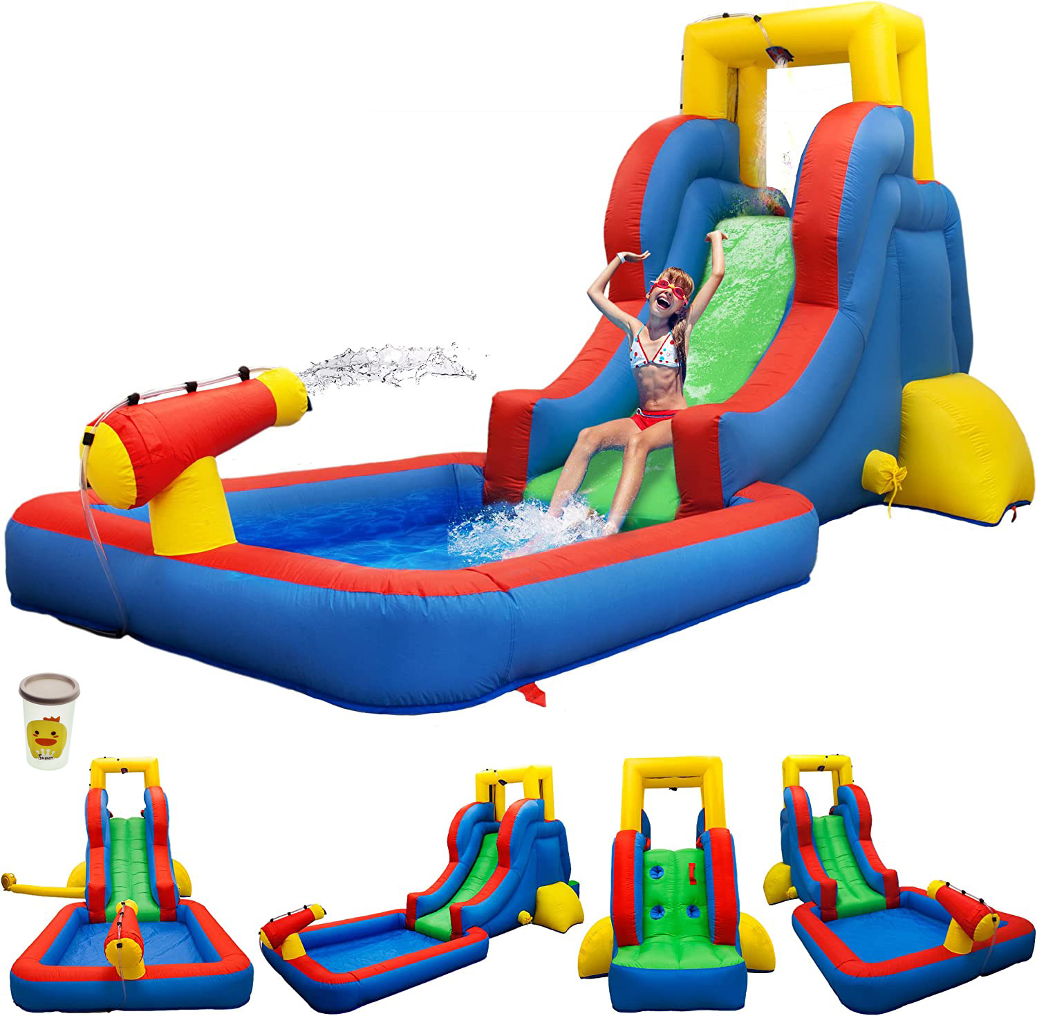 PicassoTiles KC108 - Casa inflable con area de piscina (zona de salpicadura), pared de escalada, soportes de rociadores de cabezal de ducha, montaje de canon de agua y soplador de 385 W certificado GFCI ETL-taza de agua