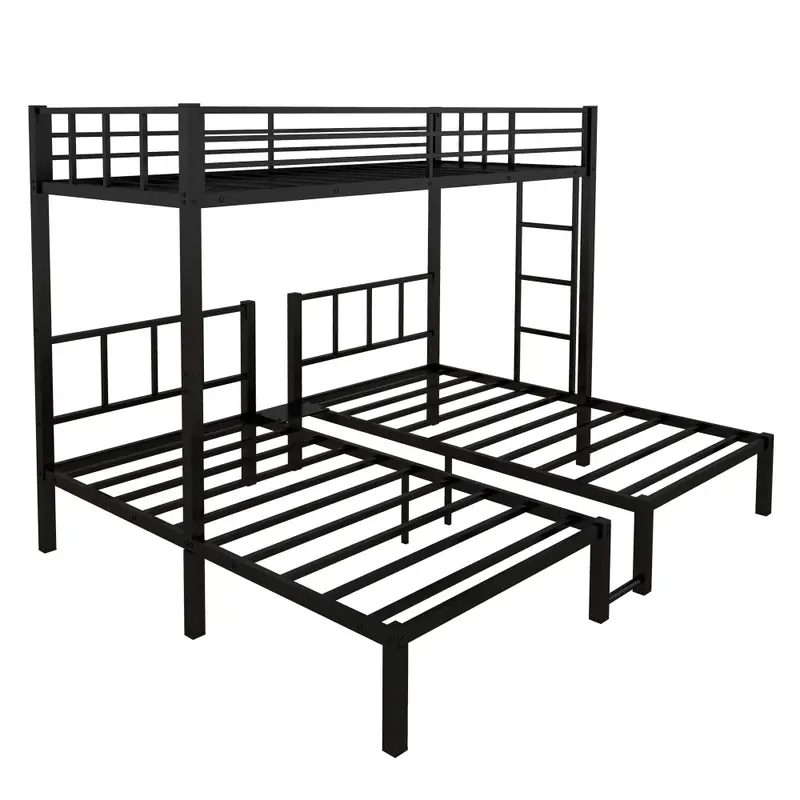 Cama nido doble sobre doble y litera doble para 3, litera doble XL sobre doble y litera doble de metal, negro