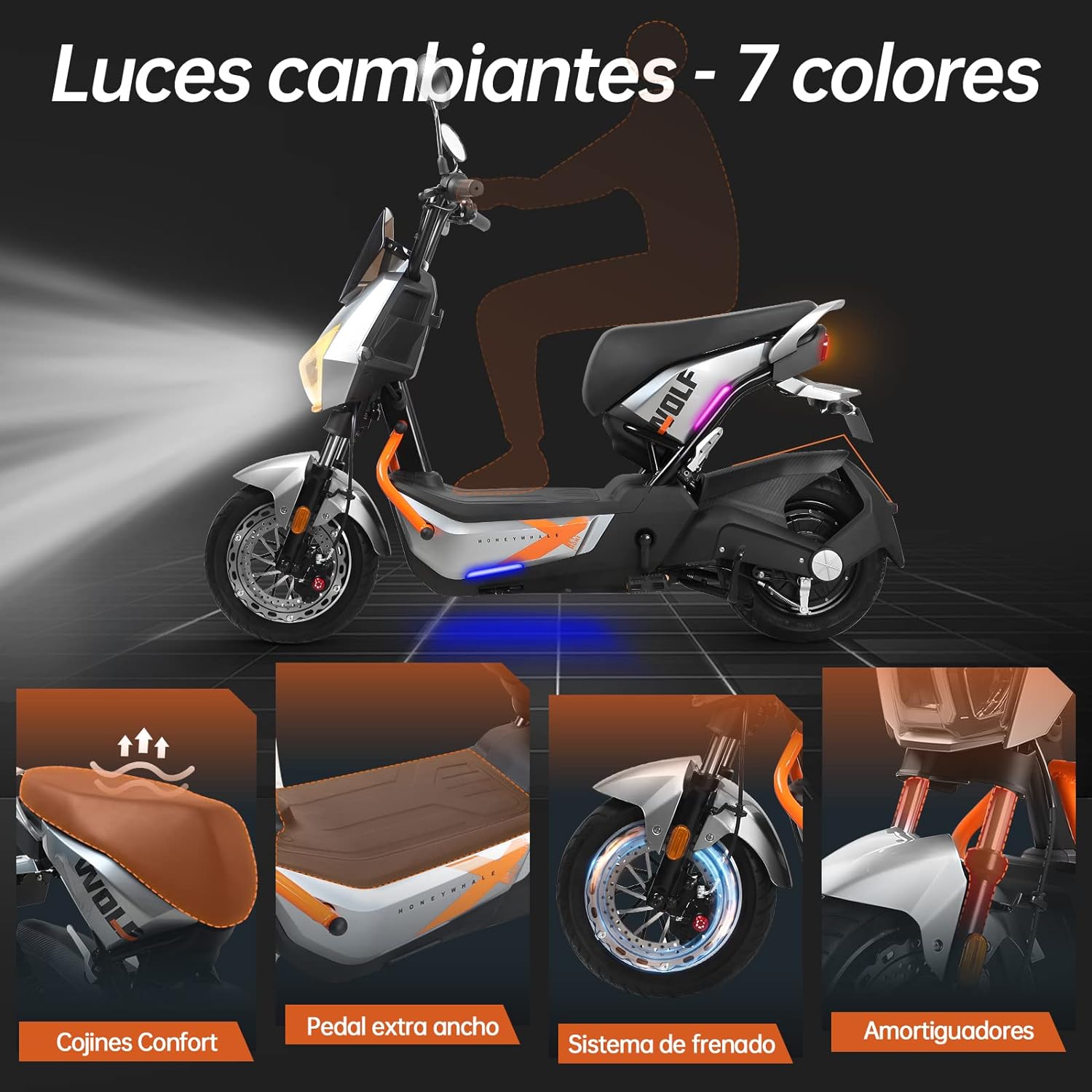 Wolf Bicicleta Electrica para Adultos, Bicimoto Eléctrica con Alarma, Máxima del Motor 1200W, Velocidad Máxima 55KM/H, Autonomía 50-55KM, Batería (72V, 20AH), Emite 7 Colores de luz