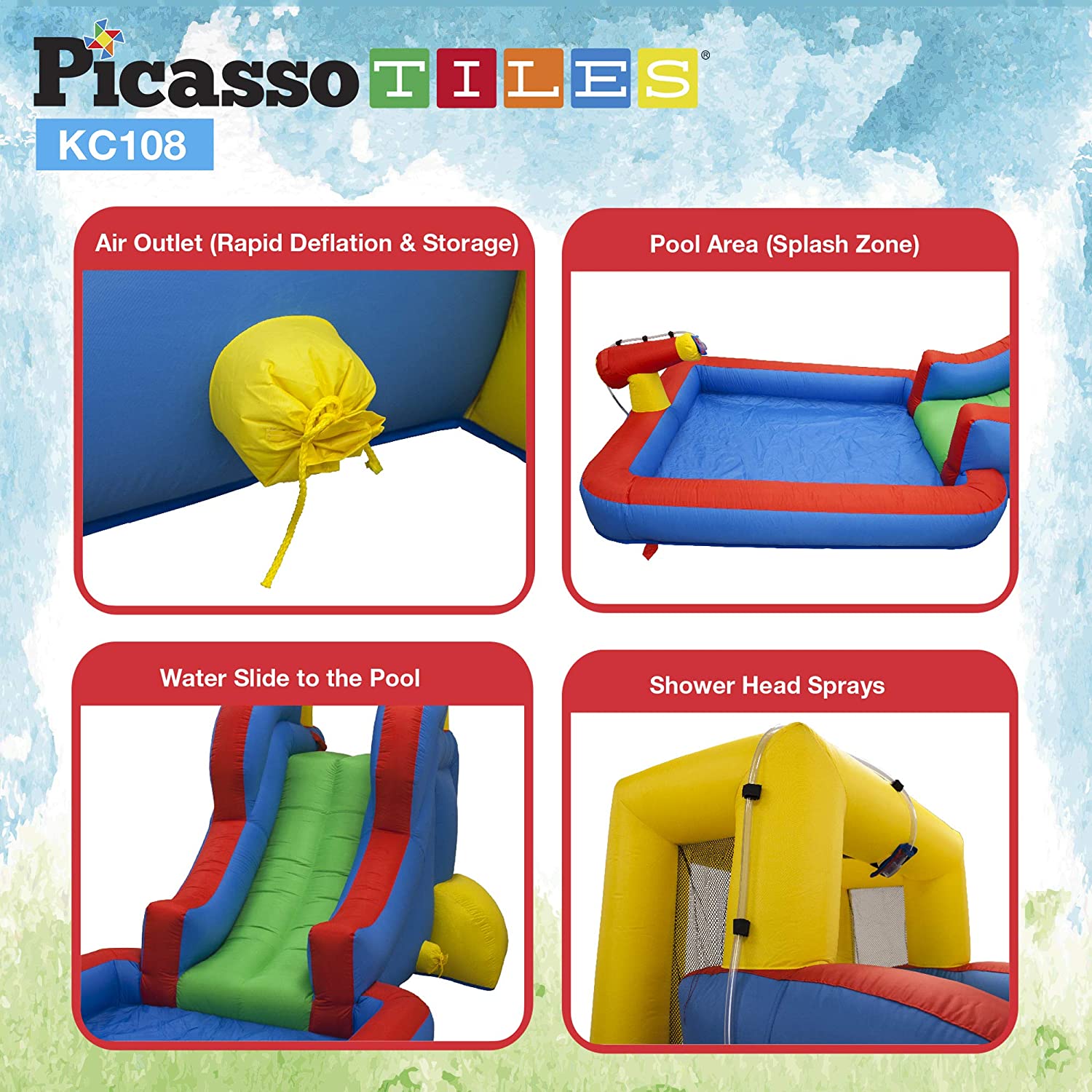 PicassoTiles KC108 - Casa inflable con area de piscina (zona de salpicadura), pared de escalada, soportes de rociadores de cabezal de ducha, montaje de canon de agua y soplador de 385 W certificado GFCI ETL-taza de agua