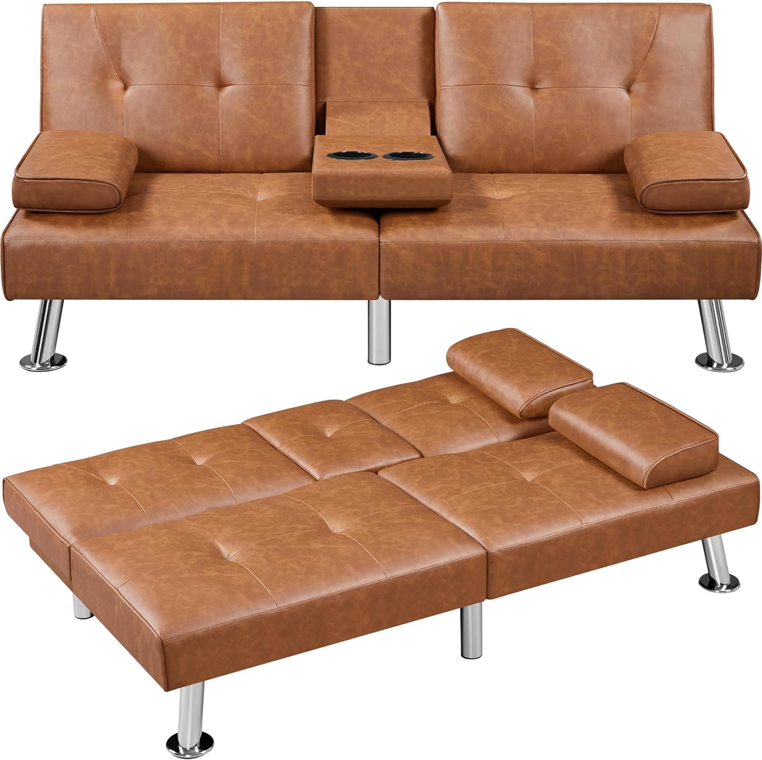Yaheetech - Sofá Cama Convertible Ajustable, Moderno sillón reclinable de Piel sintético para el hogar, sofá Cama Plegable, Cama de Invitados, reposabrazos extraíbles, portavasos 3 ángulos, Capacidad