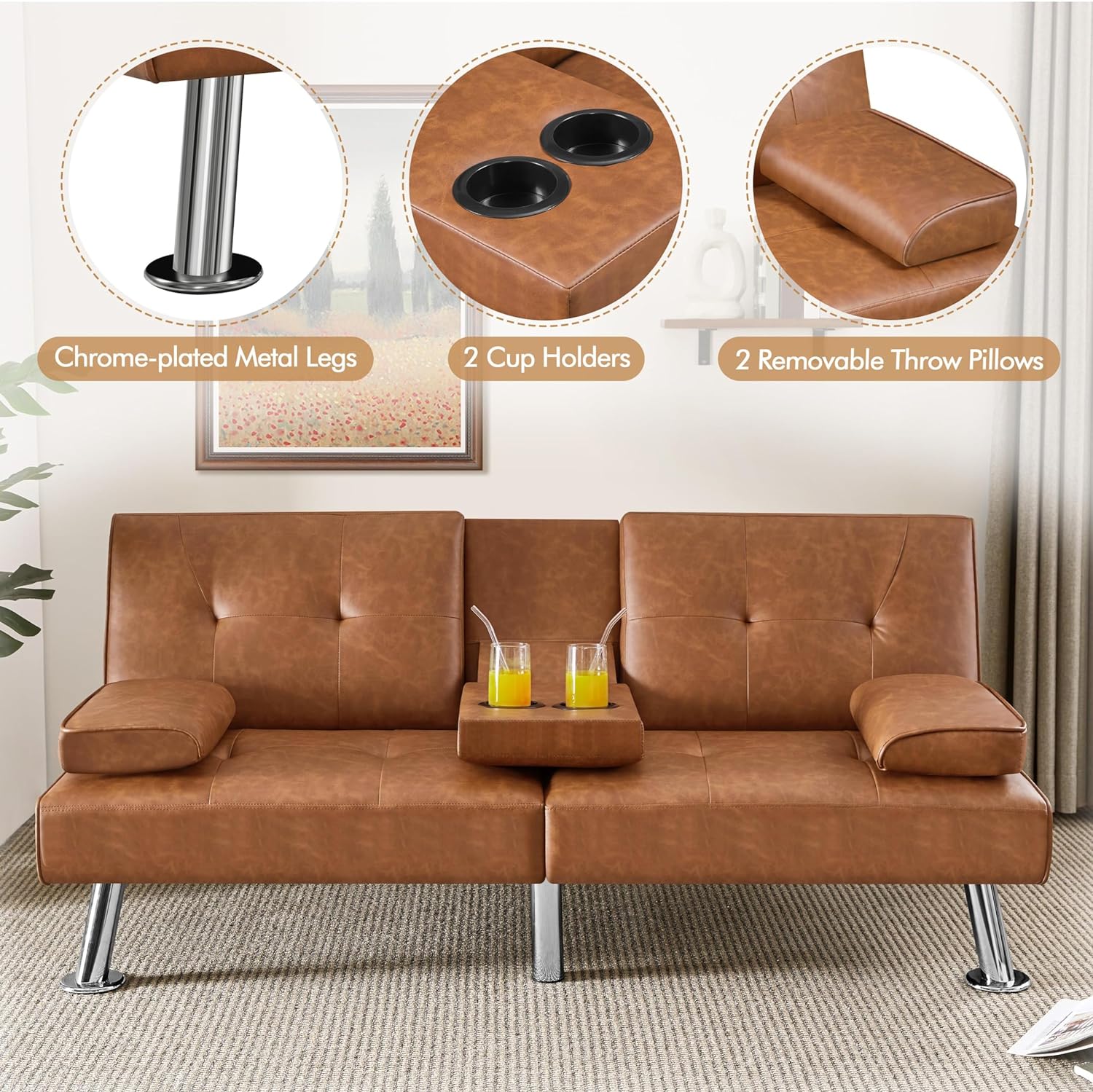 Yaheetech - Sofá Cama Convertible Ajustable, Moderno sillón reclinable de Piel sintético para el hogar, sofá Cama Plegable, Cama de Invitados, reposabrazos extraíbles, portavasos 3 ángulos, Capacidad