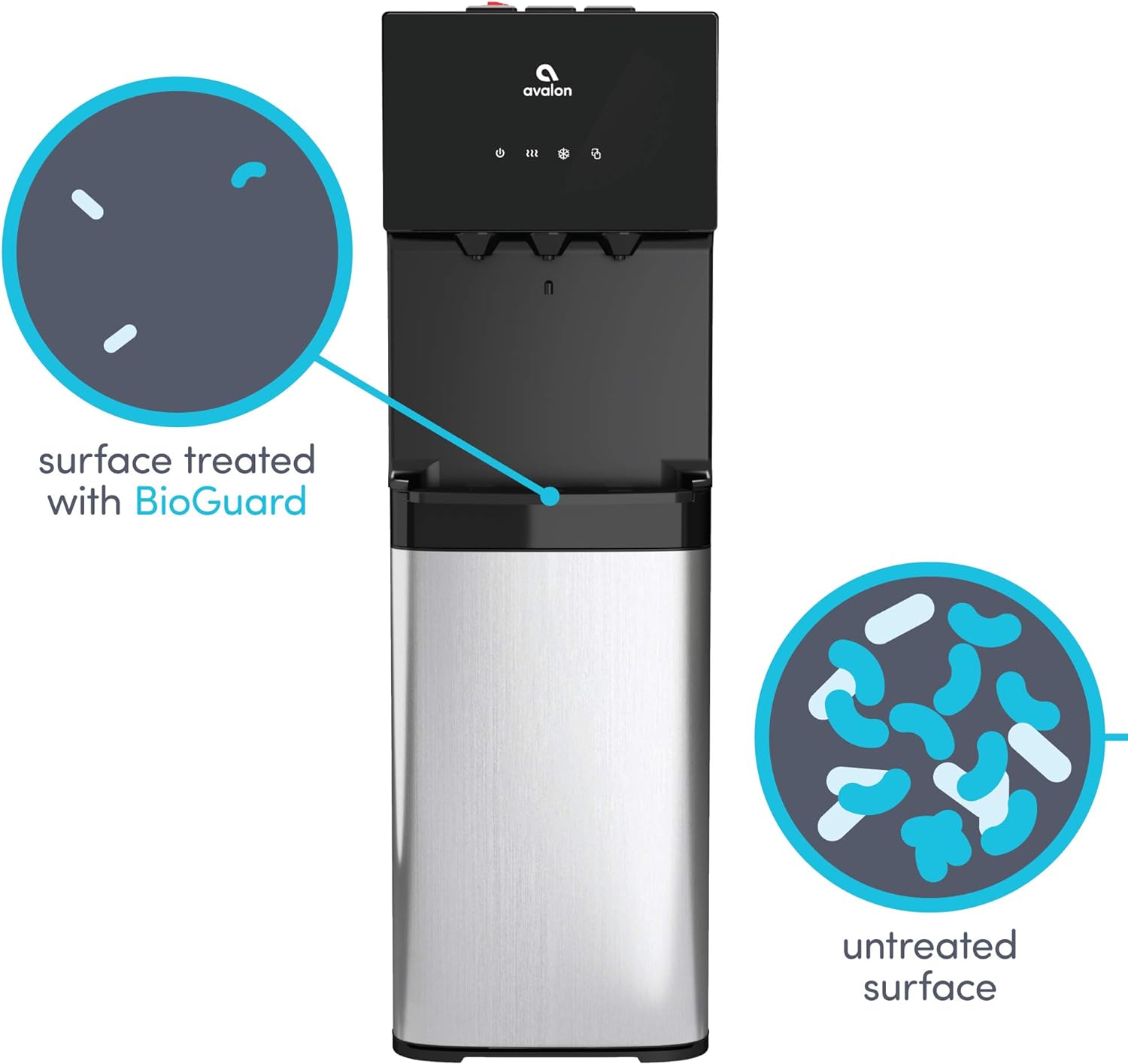 Avalon Dispensador de agua enfriador de agua con carga inferior con BioGuard, 3 ajustes de temperatura, agua caliente, fría y de habitación, construcción duradera de acero inoxidable, revestimiento antimicrobiano, certificado UL
