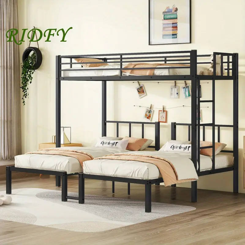 Cama nido doble sobre doble y litera doble para 3, litera doble XL sobre doble y litera doble de metal, negro