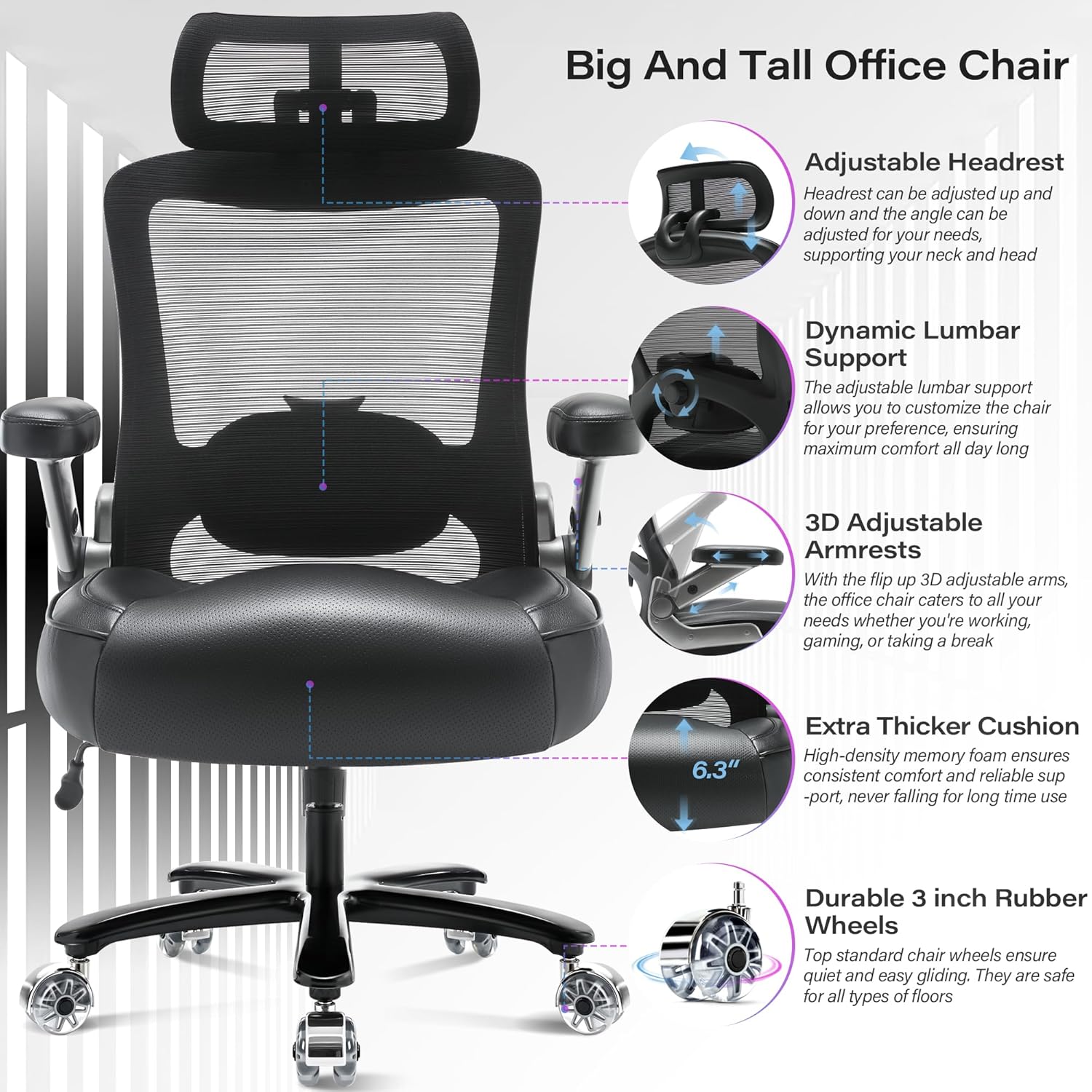 500lbs Big and Tall Office Chair- Heavy Duty Executive Computer Chair with 3D Flip Arms Large Wheels, Ergonomic Mesh High Back Desk Chair, Extra Wide Seat Adjustable Lumbar Support&Headrest