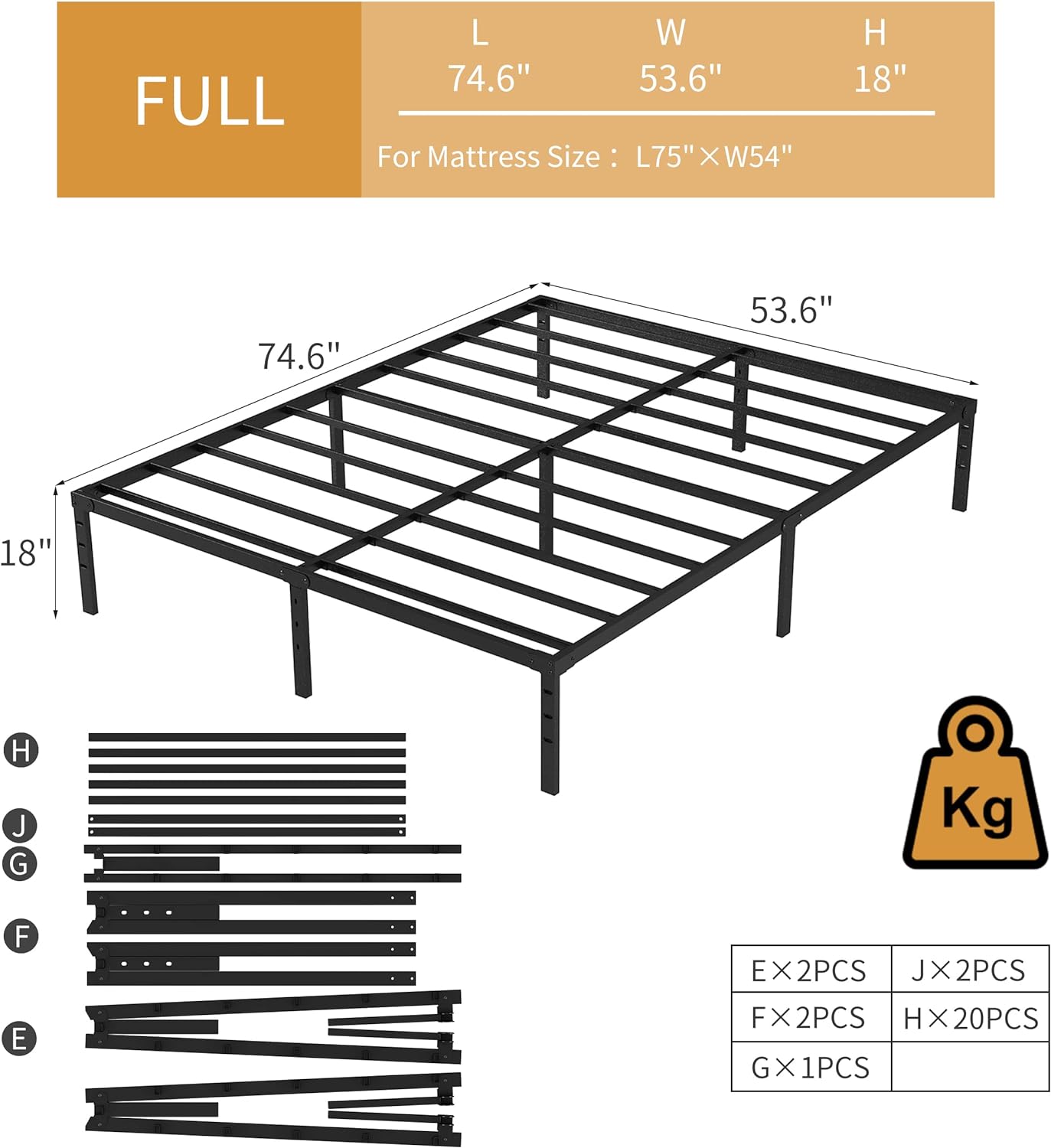 New Jeto Marco de cama de metal con espacio de almacenamiento debajo de la cama, plataforma sencilla y atmosférica, resistente y duradero, de 46 cm, tamaño individual