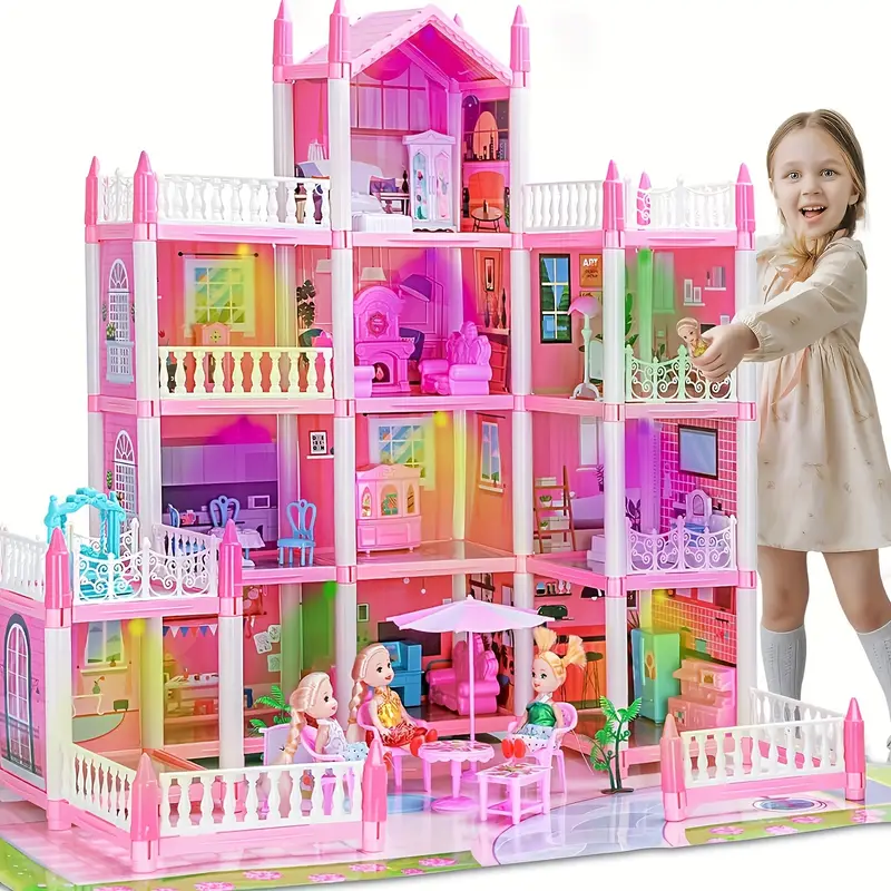 Conjunto de Casa de Muñecas Deluxe de 4 Niveles con 11 Habitaciones, Muebles y Luces - Juego de Fantasía de Princesa para Niños de 6+ | Rosa Brillante, Plástico Duradero | Idea de Regalo Perfecta
